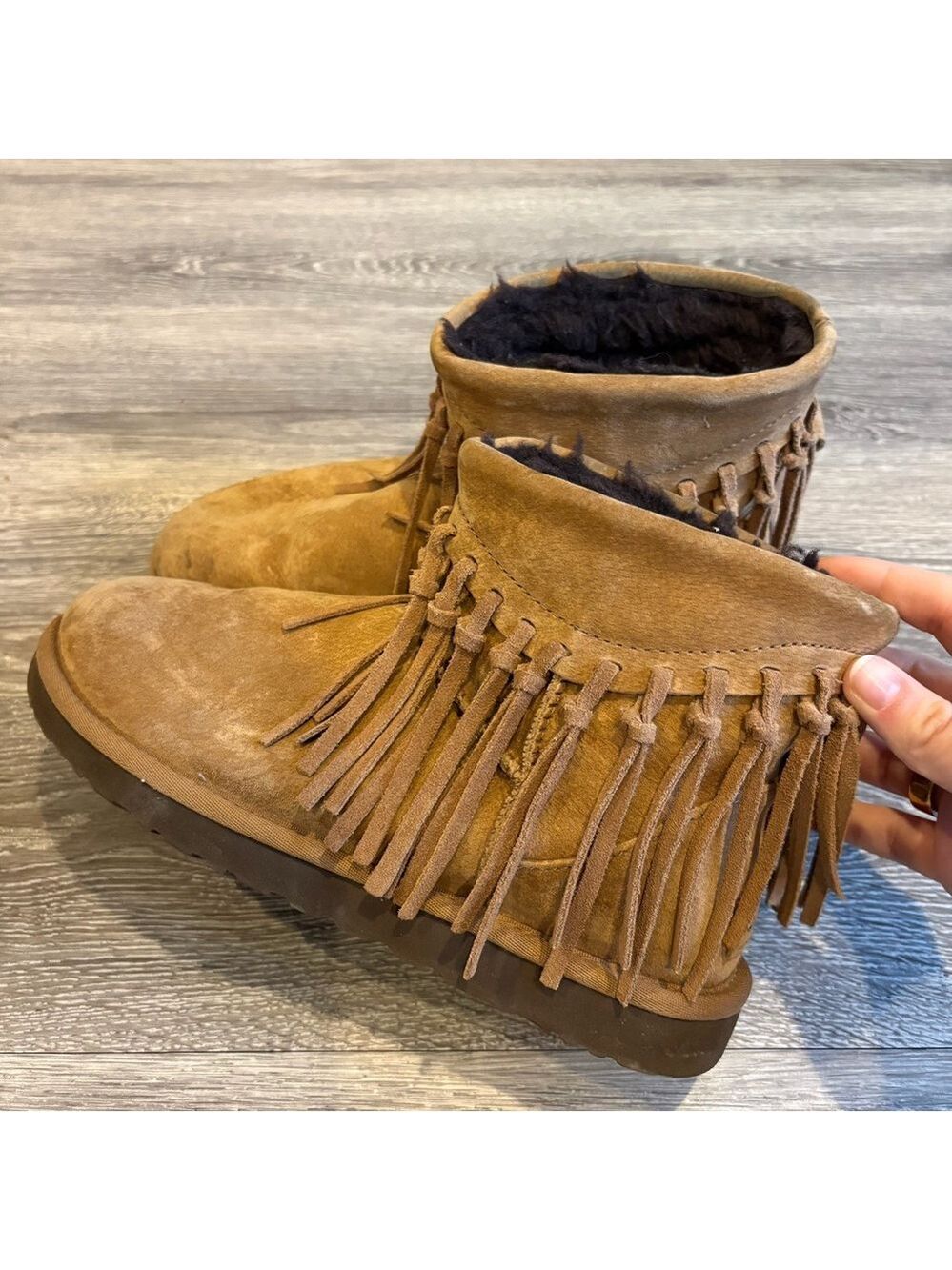 UGG Chestnut Suede Shearling-Lined Fringe Ankle Boots Size 9